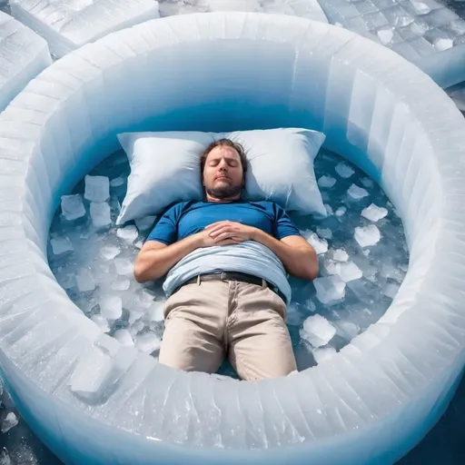 Prompt: A man sleeping in a bed of ice sorrounded by cooling fans.
