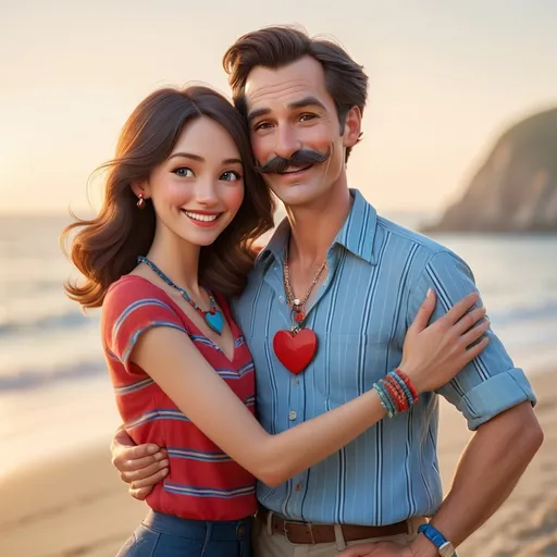 Prompt: A cheerful couple stands closely together, showcasing warm smiles against a soft, hazy backdrop that suggests a seaside setting. The man, sporting a well-groomed mustache and wearing a red and blue shirt, gently holds the woman’s shoulder, while she playfully makes a heart gesture with her hands, adorned with several bracelets and a necklace that gleam in the light. The woman, dressed in a dark striped shirt with a casual yet stylish vibe, radiates joy and affection, as both appear relaxed in their outdoor environment. The subtle lighting enhances the warm tones of their skin, creating an inviting atmosphere that hints at a joyful moment shared between them.