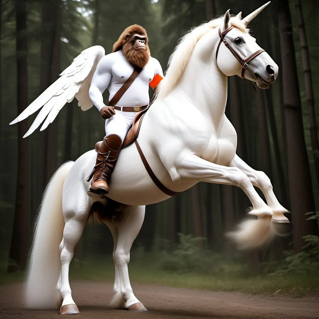 Prompt: Create a brown life like and realistic picture of BigFoot not muscular without a beard and with head and face turned to the camera riding a large muscular white Unicorn horse that is flying in the air and make sure the white wings are attached to the horse not BigFoot and that the Unicorn horse has a white horn on the top of his head like a Unicorn would