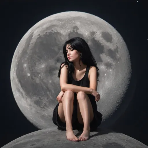 Prompt: A girl whit black hair sitting on the mooon