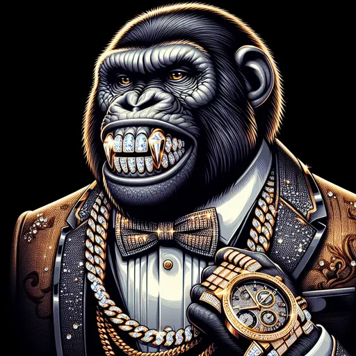 Prompt: Create an image of animated ape, fully visible, exuding unparalleled opulence and extravagance. They should radiate a 'gangsta' aura, sporting dazzling diamond grills for teeth, draped in cascading diamond-studded chains, and showcasing a lavish diamond-encrusted timepiece on the wrist. Attired in luxurious tailored trousers and a shirt crafted from the finest fabrics, boasting intricate designs and subtle yet ostentatious embellishments
