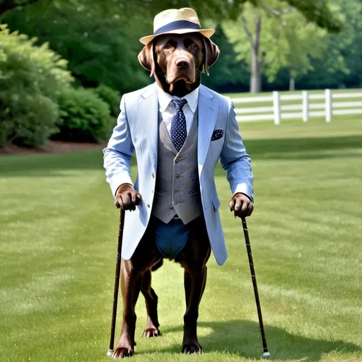 Prompt: A picture of a chocolate lab standing on its hind legs wearing a blue and white seersucker suit, a blue shirt, and a navy blue tie with a wide-rimmed panama hat and walking stick and looking directly at me
