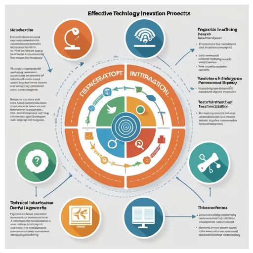 Prompt: Visual Description: Imagine a flowchart-style infographic titled "Effective Technology Integration in Education." At the top, the central theme is "Purposeful Integration," symbolized by a magnifying glass focusing on a diverse group of students engaging with technology. From there, the infographic branches into two main paths:
1.	Pedagogical Alignment Path: This path shows arrows leading to icons representing differentiated instruction, personalized learning, and collaborative projects. Each icon is supported by quotations from educational theorists discussed in this week's materials, emphasizing the importance of adapting teaching methods to leverage technology effectively.
2.	Technical Infrastructure Path: This path illustrates icons of robust Wi-Fi networks, interactive displays, and secure digital platforms. These icons are linked to statistics or findings from research studies referenced in this week's readings, demonstrating the necessity of reliable technical support for successful technology integration.
