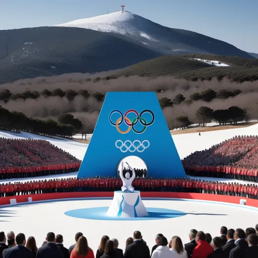 Prompt:  cerimonia di iniziazione dei giochi  delle olimpiadi invernali nel gennargentu con loghi delle olimpiadi
 un classico paesaggio sardo nello sfondo ( monte della sardegna) a cui partecipano i cyborg