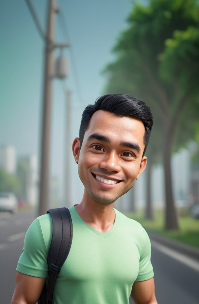 Prompt: Hyperrealistic 3D Cartoon style character with big head. 30 year old Indonesia man, ideal body, black short hair, Light green shirt, smile and look straight ahead with your hand giving a thumbs up, bright background. Use soft photography lighting. Hair lighting, top lighting. Hair lighting, top lighting, slide lighting, high quality photos, UHD, 16k.