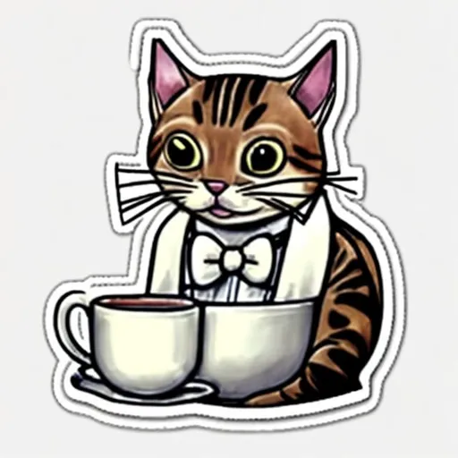 Prompt: Design a sticker of a realistic cat sipping tea from a dainty cup, complete with a bow tie and monocle for added charm.