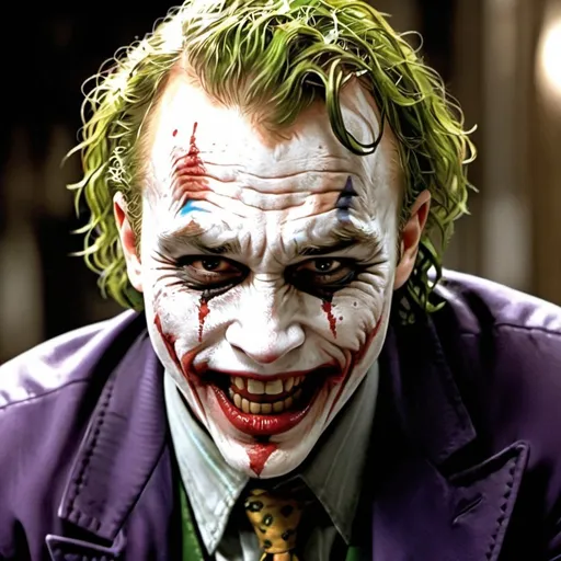Prompt: Joker ((heath ledger)) crying blood laughing insanely (comic book style)