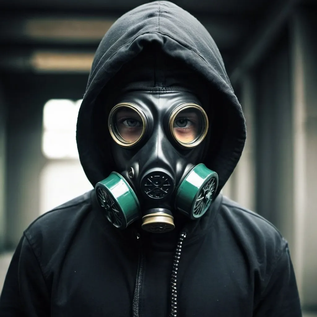 Prompt: dope profile pic of a boy wearing a gasmask and hood