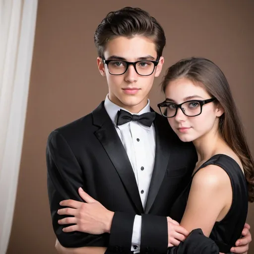 Prompt: handsome young man(17 years) wearing a charcoal black tuxedo and black(plastic) rimed glasses with a beautiful young woman(18 years) hanging onto his arm
