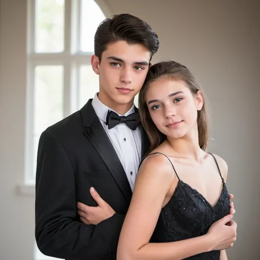 Prompt: handsome young man(17 years) wearing a charcoal black tuxedo with a beautiful young woman(18 years) hanging onto his arm