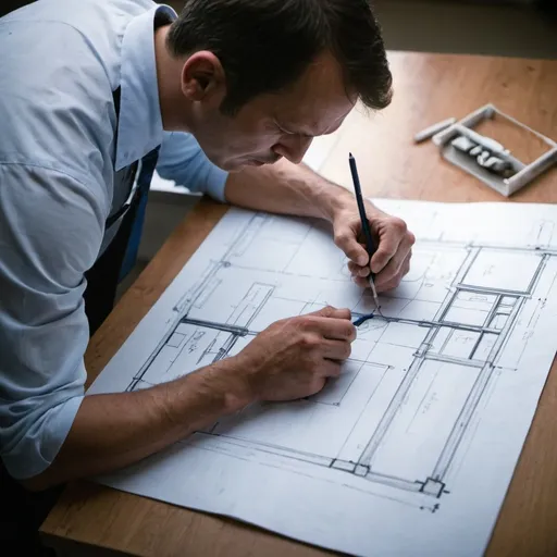 Prompt: A man sketching blueprints