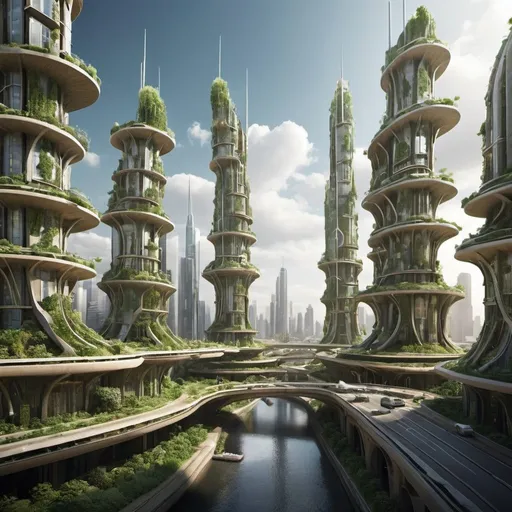 Prompt: Design a futuristic cityscape where buildings are made entirely of organic materials.