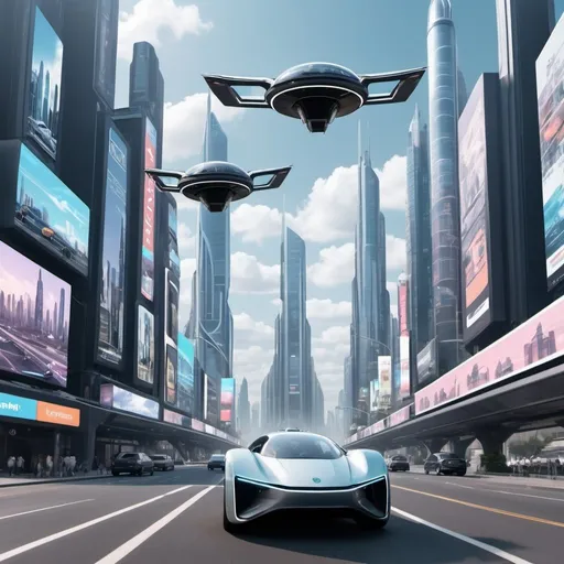 Prompt: Generate an image of a futuristic cityscape with flying cars and holographic advertisements.
