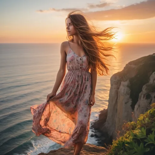 Prompt: "A  vibrant photo of a  young woman wearing a sundress with long, flowing hair  standing on a cliff overlooking the ocean at  sunset,  exuding a sense of freedom and adventure"