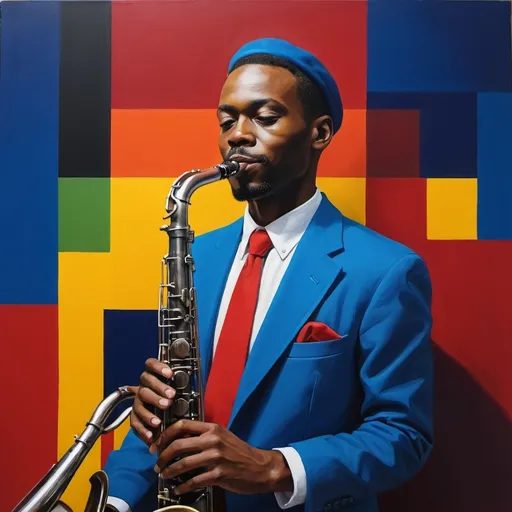 Prompt: A portrait of a jazz musician using Primary colors color scheme