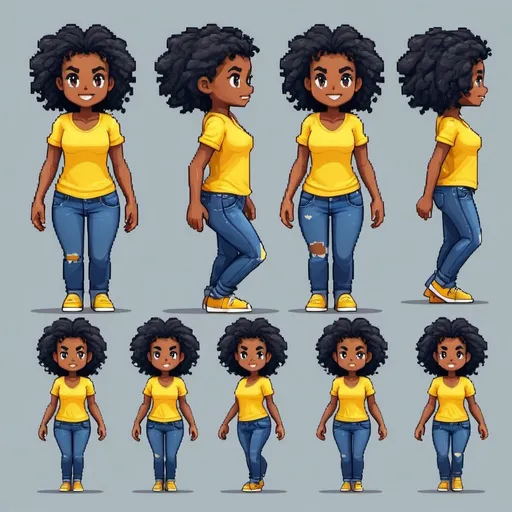 Prompt: a brazilian black girl sprite-sheet walking running and standing with jeans and yellow shirt. pixel art