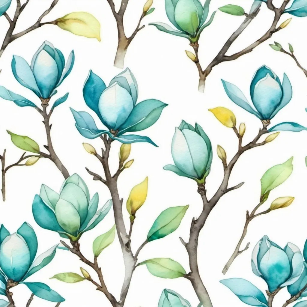 Prompt: Watercoloured blooming magnolia trees in blue,green,yellow,turquoise on white nackground