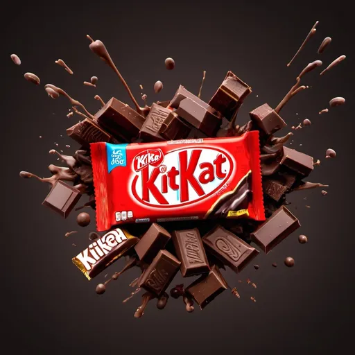 Prompt: 3d render style, cinematic colors,A very cool studio image of the combination of one KitKat and one snickers and one kinder chocolates exploding ,All chocolates must be in packaging, with a dark theme $