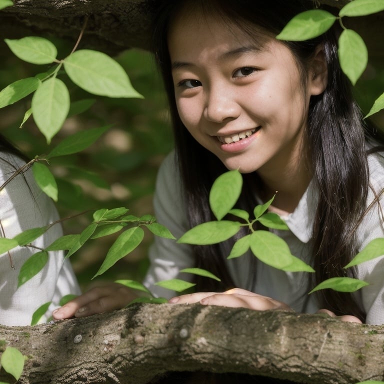 Prompt: a young girl is sitting under a tree in the leaves and looking at the camera with a smile on her face, Cheng Shifa, art photography, portrait photography, a photocopy