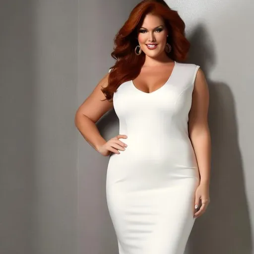 Prompt: mature, white, plus size, beautiful, redhead, white dress,