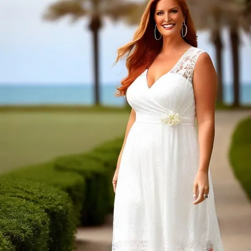 Prompt: mature, white, plus size, beautiful, redhead, white dress, southern, 