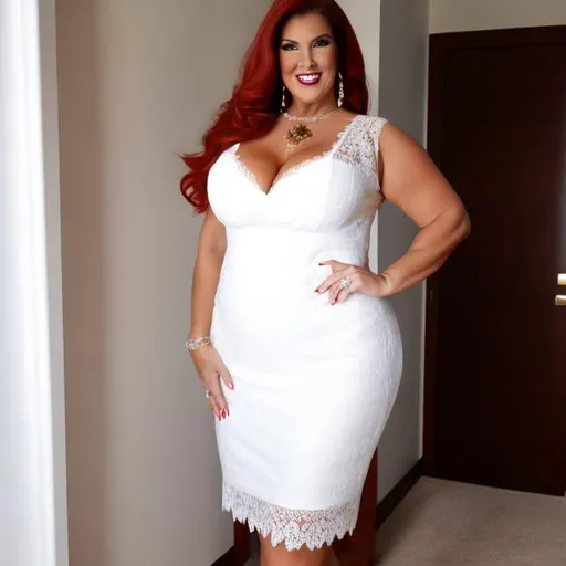 Prompt: mature, caucasian, bbw, beautiful, redhead, white dress,