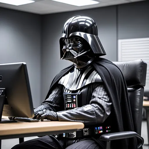 Prompt: I need a picture of darth vader looking on a computer as if he was in a live class. the background can look like a star wars scenario, but the computer needs to be a regular one. he can be sit down on a chair.