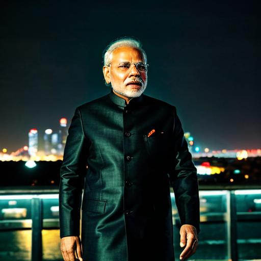 Prompt: 1man, Narendra Modi, ((cyberpunk)), black hair, Mechanical Arm, Long jacket, (city background)