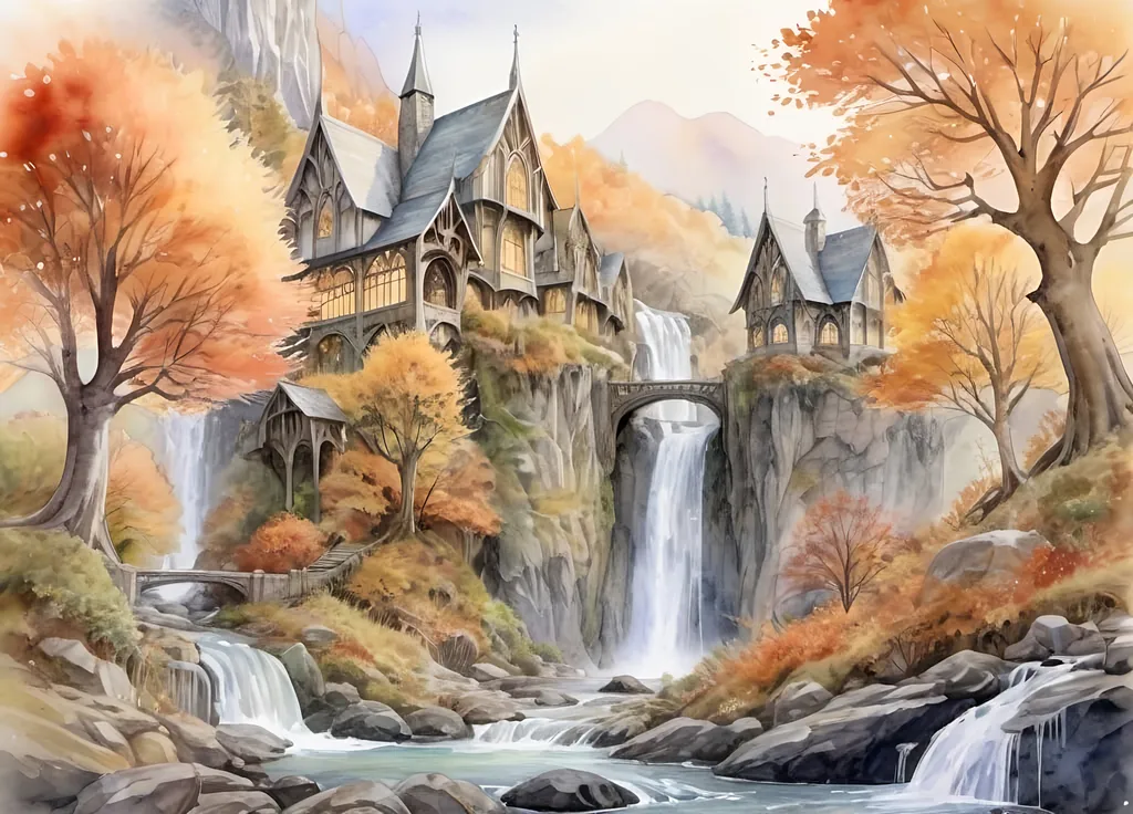 Prompt: Detailed watercolor painting, Rivendell big elvish town detailed, shimmering waterfalls, autumn foliage on Mallorn trees, peaceful refuge, fading twilight, high quality, watercolor, scenic, detailed, autumnal colors, tranquil lighting