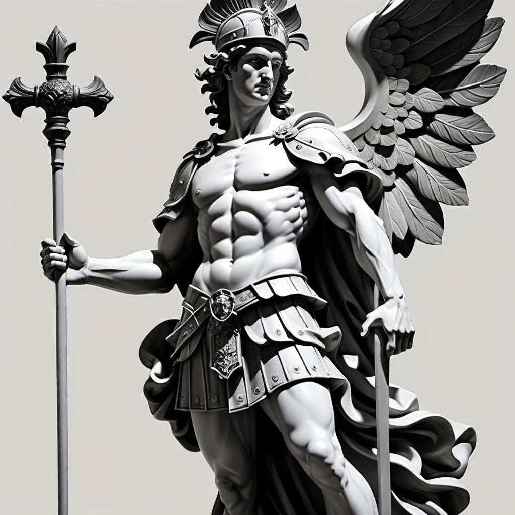 Prompt: saint florian statue, black and grey realism, detailed, bold, masculine, vertical and forward design