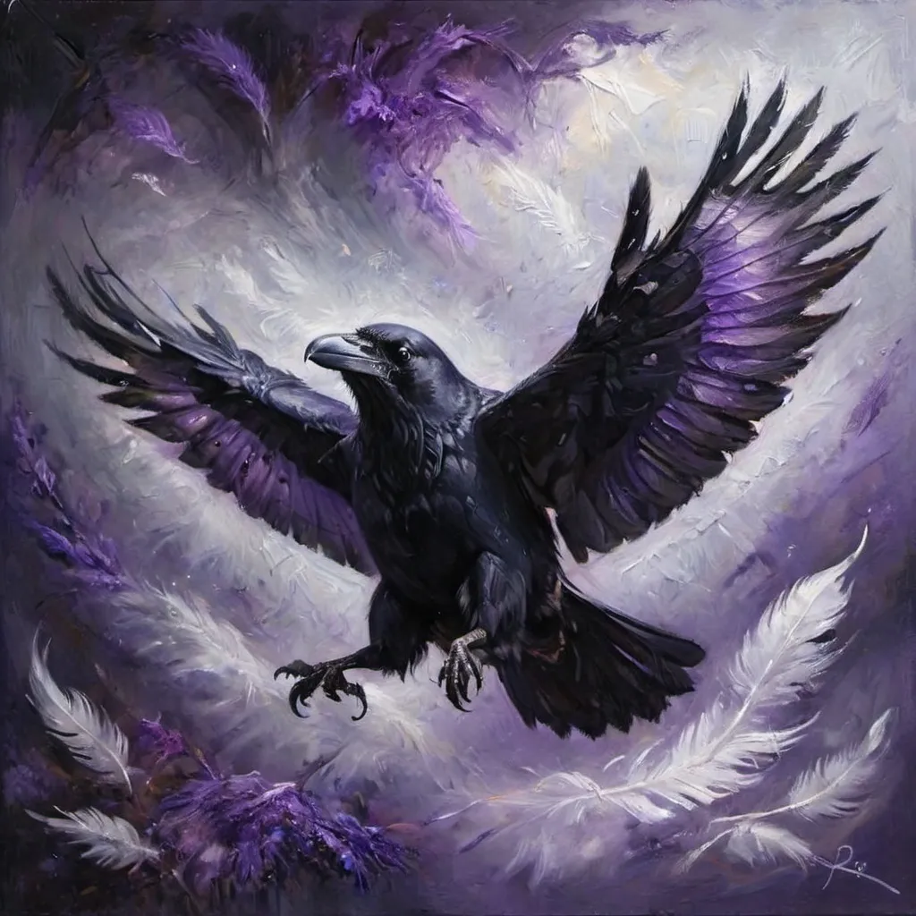 Prompt: A black raven in flight. It has silver feathers. There are small purple runes on its wings. A trail of purple energy follows it. 