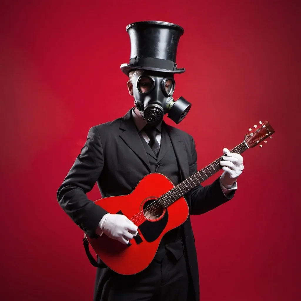 Prompt: top hat man in a gas mask holding his guitar in a red background 