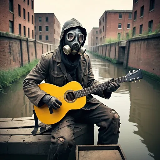 Prompt: gas mask man playing guitar in a post apocalyptic canal  