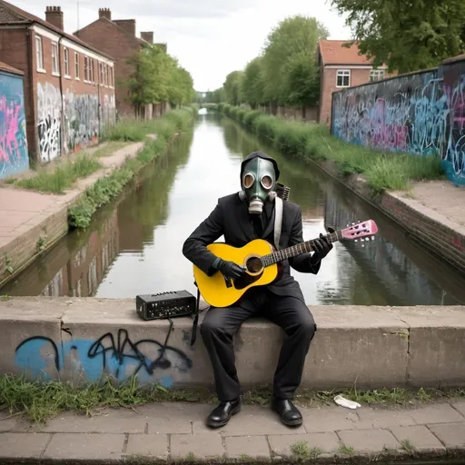 Prompt: gas mask man with a guitar by a canal with graffiti 