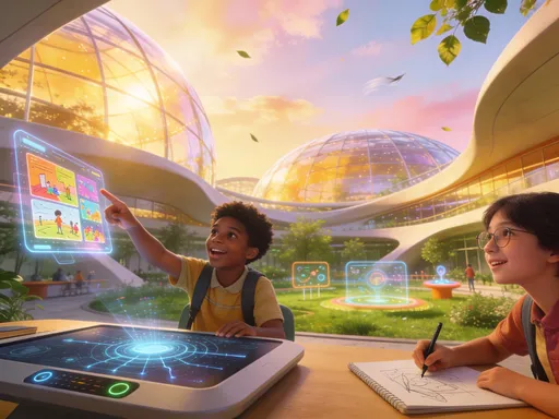 Prompt: Generează 3-4 imagini în care să fie descrisă școala viitorului, cu accent p emodul în care vor învăța elevii