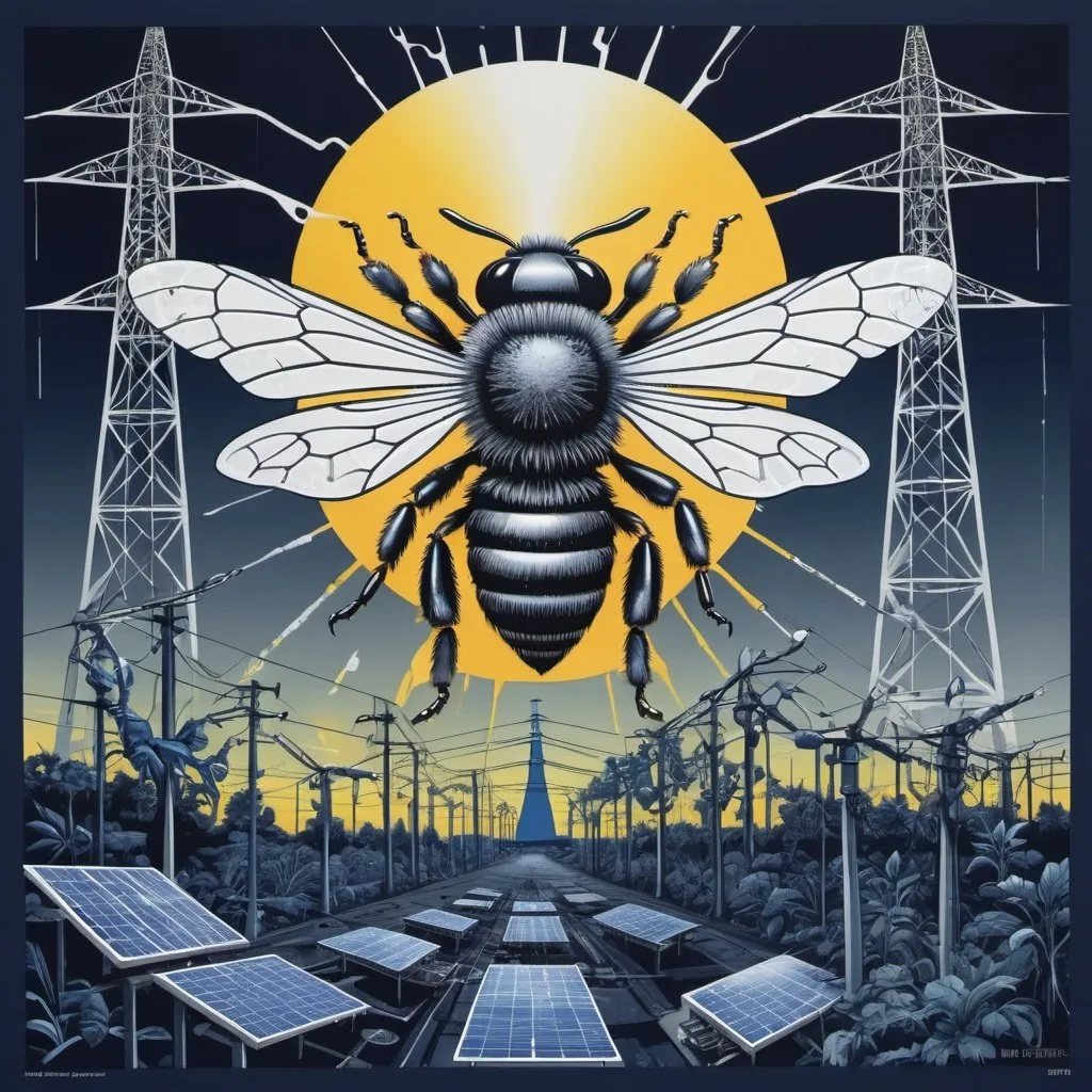 Prompt: psychedelic print bee, jungle, melting, concert poster, trick of the eye painting in dark blue and anthrocyte gray with substation, power grid, solar panels ,wind turbines and telecommunications tower in background 