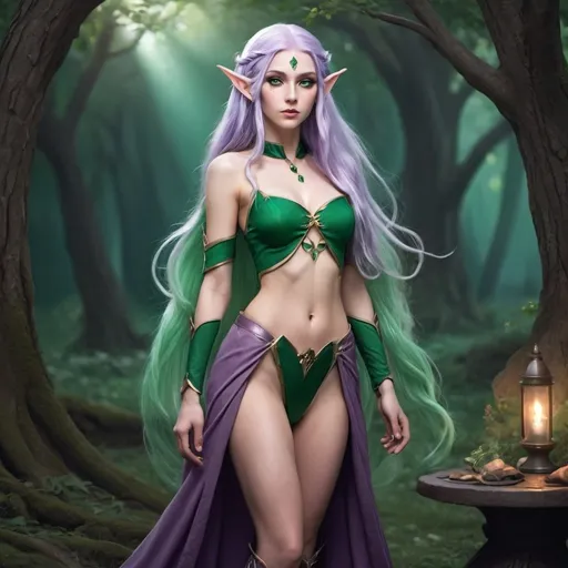 Prompt: A female elf with light lavender colored skin and long purple hair with emerald green eyes wearing the outfit in this photo