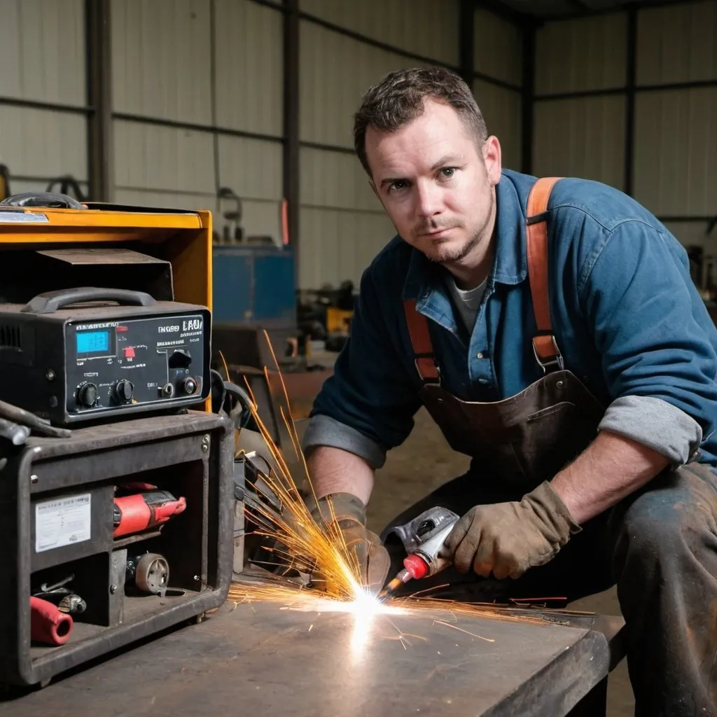 Prompt: a man looking at the camera with tools and work enviroment hodling a welder
