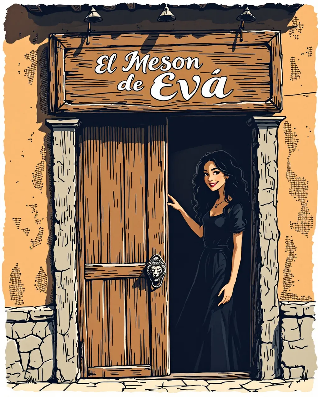 Prompt: /imagine  Illustration in the style of an old engraving, facade of a Spanish mesón, wooden door, sign with the name "El Mesón de Eva" in elegant and rustic typography, a smiling female silhouette (Eva) in the doorway welcoming guests, warm and earthy colors, high detail, --ar 3:2 --v 6.0 --style raw