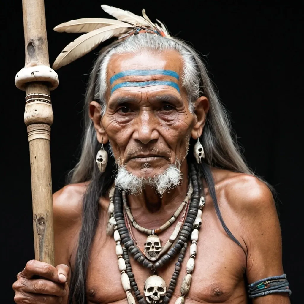 Prompt: Old amazonic shaman with long gray hear wearing skull necklace with decorated 
walking stick
