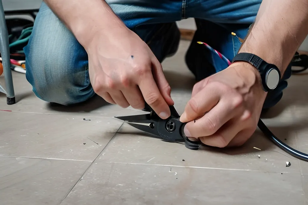 Prompt: A man, Caucasian, crouched on the floor, holding scissors, trimming the wires from an electrical outlet, hdr, detailed background,  , RAW photo, subject, 8k uhd, dslr, soft lighting, high quality, film grain, Fujifilm XT3 ,
