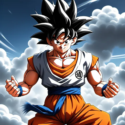 Prompt: create cool image of goku animation character for cover page. background should be of a cloudy sky.