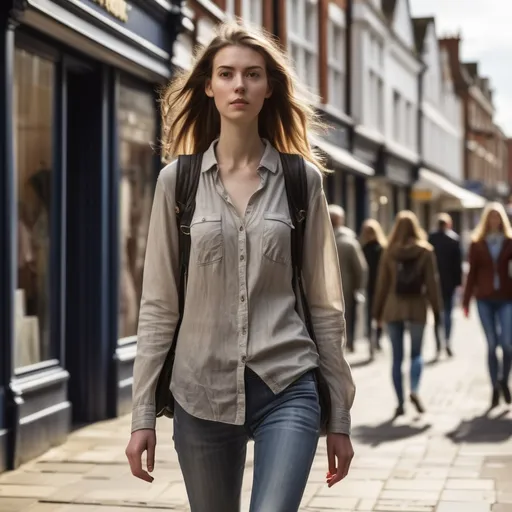 Prompt: Tall young woman walking down the high street, detailed clothing, realistic, natural lighting