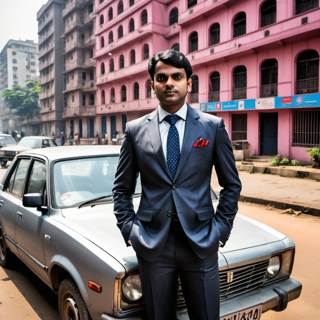 Prompt: a man in a suit standing in front of a car in a city street with a building in the background, Bikash Bhattacharjee, samikshavad, professional photo, a photocopy