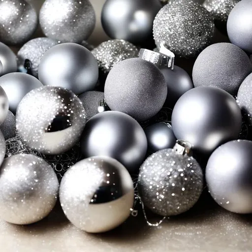 Prompt: 50 Christmas silver shiny ball ornaments taking up the whole screen
