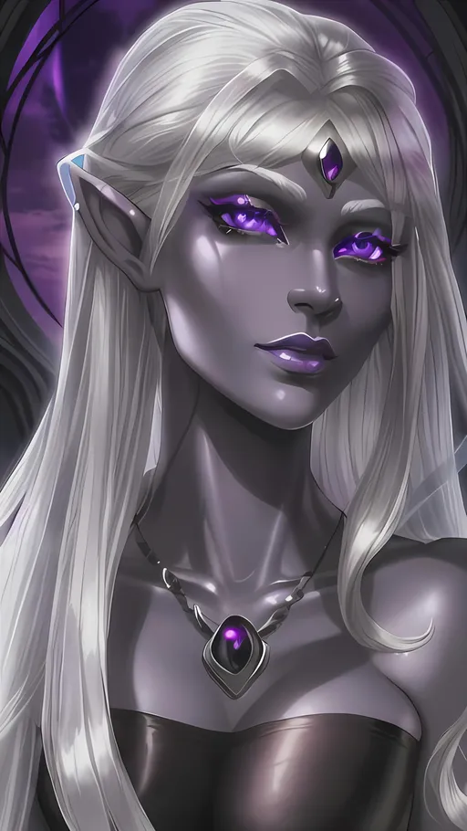 Prompt: stunningly beautiful Drow Elf woman, Perfect dealtaid silver hair. Large dreamy lustful and wise eyes, violet eyes, moon light, dancing, rich obsidian color skin, ultra detailed, perfect soft skin, soft lighting.