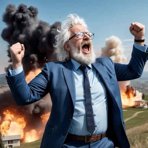 Prompt: A heavy-set middle-aged man with messy white hair, glasses, and a full beard and mustache is standing on a hilltop and cheering triumpantly at the sky. He is wearing a light blue dress shirt and a dark blue suit. In the valley below, a house is exploding.