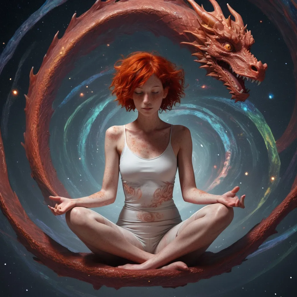 Prompt: A slender woman with wild, messy short red hair and lots of freckles all over her body who is secretly an ancient red dragon. She is floating in the void beyond existence surrounded by swirling colors and spirals. She is meditating in the space beyond existence.