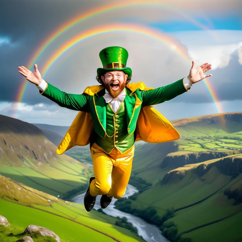 Prompt: A darkhaired man is dressed in a golden leprechaun outfit, flying in the sky above the green valleys of Ireland. Rainbows appear in his wake. 