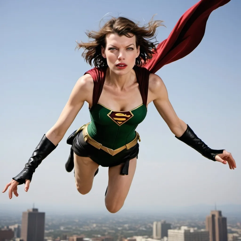 Prompt: milla jovovich superhero flying